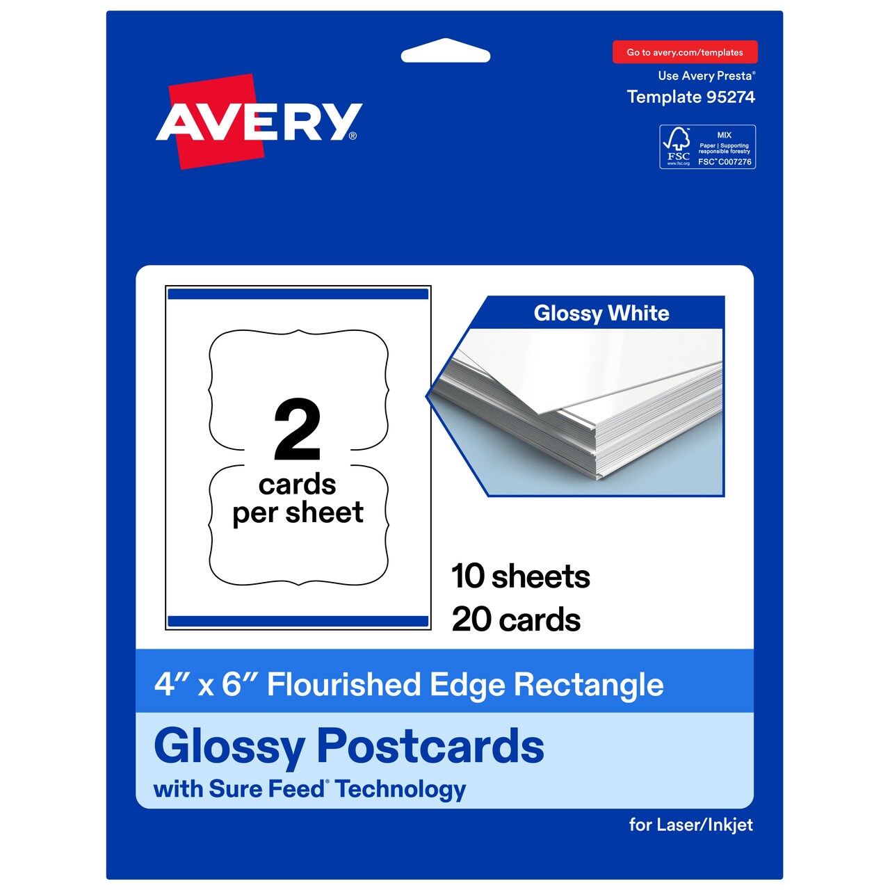 Avery 4" x 6" Rectangle Flourished Edge, Glossy White Postcards